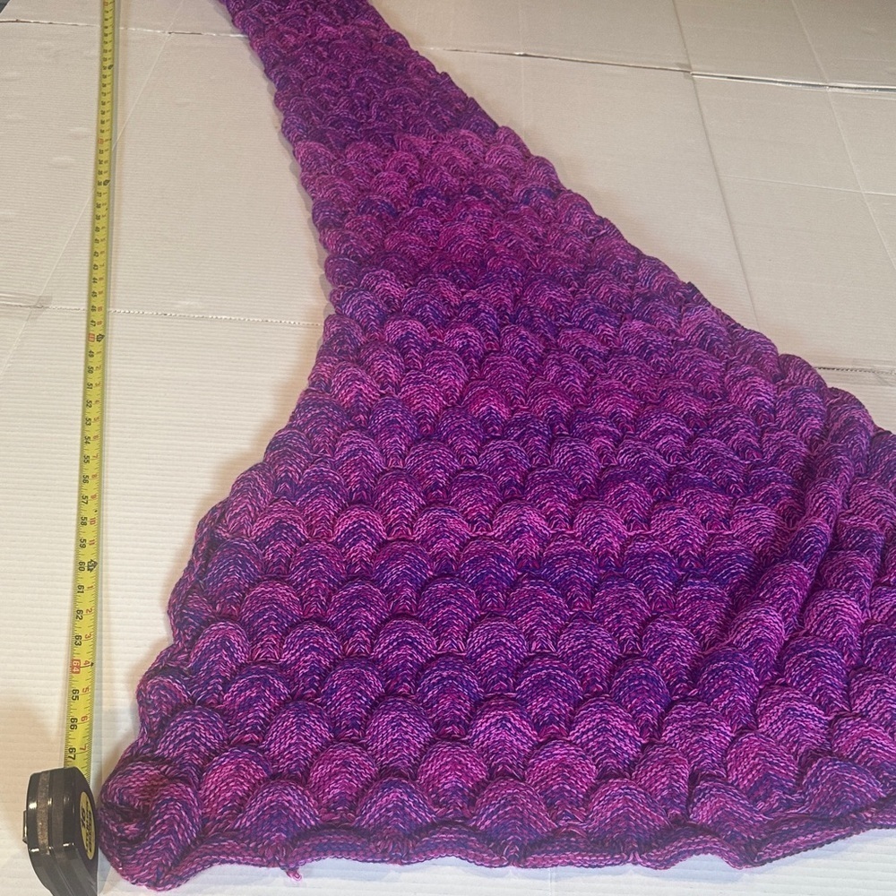 Purple pink and bluish knitted Mermaid Tail Blanket costume with fringe at ends - Picture 11 of 11